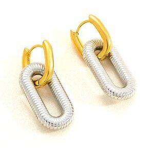 TWO PIECE 18K GOLD HUGGIE OBLONG HOOP INSIDE A SMALLER OVAL WHITE GOLD DIP HOOP